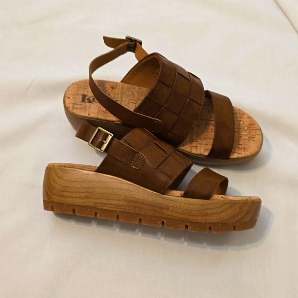 Kork-Ease Brown Leather Woven Platform Sandals
